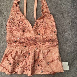 Vintage Pink Beaded Peplum Tank Top with a Bow